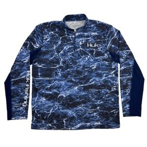 Huk Shirt Men's L Blue Mossy Oak Elements‎ Aqua Long Sleeve 1/4 Zip Fishing